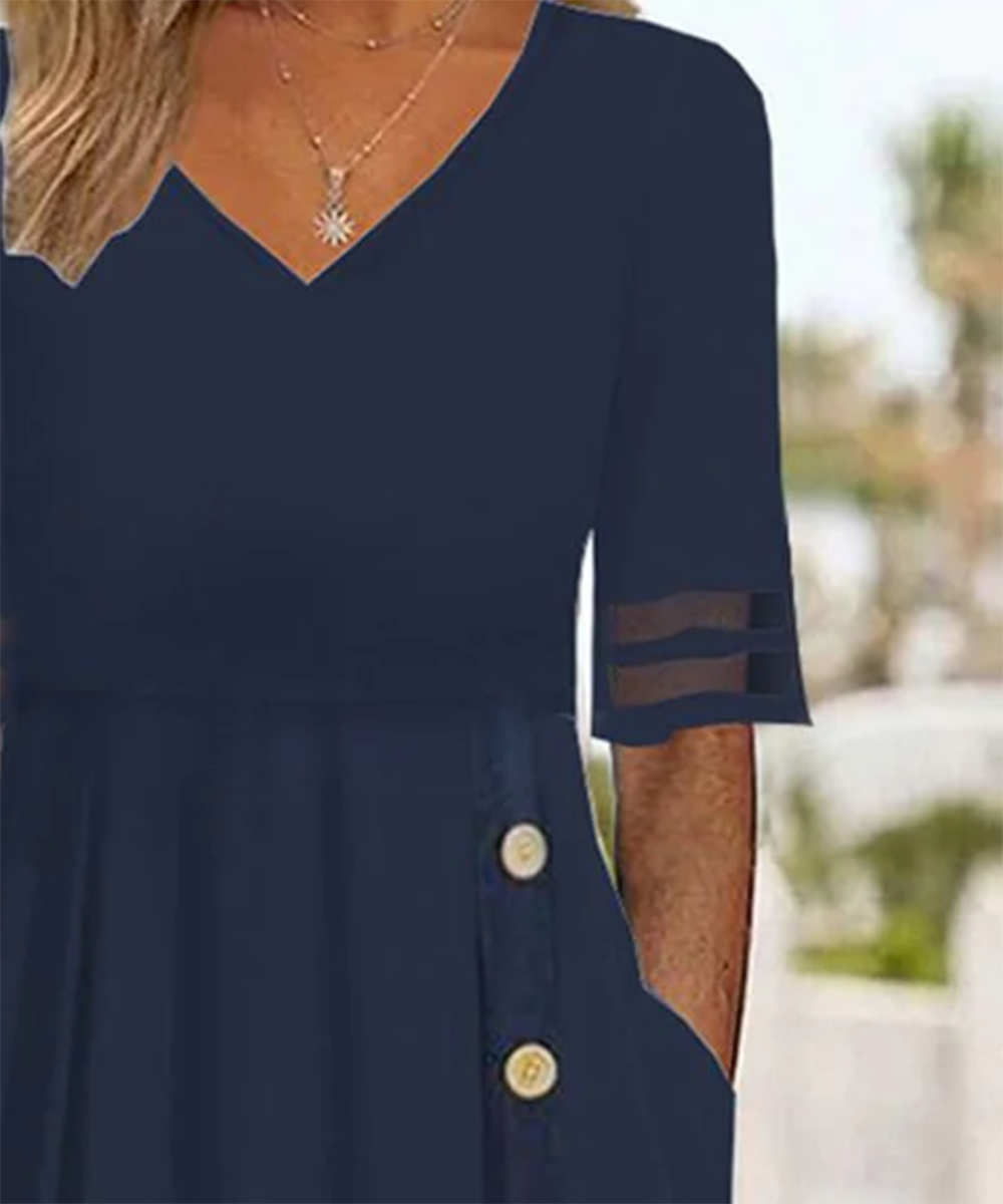 Navy Plain Krótką Rękaw Midi Sukienka