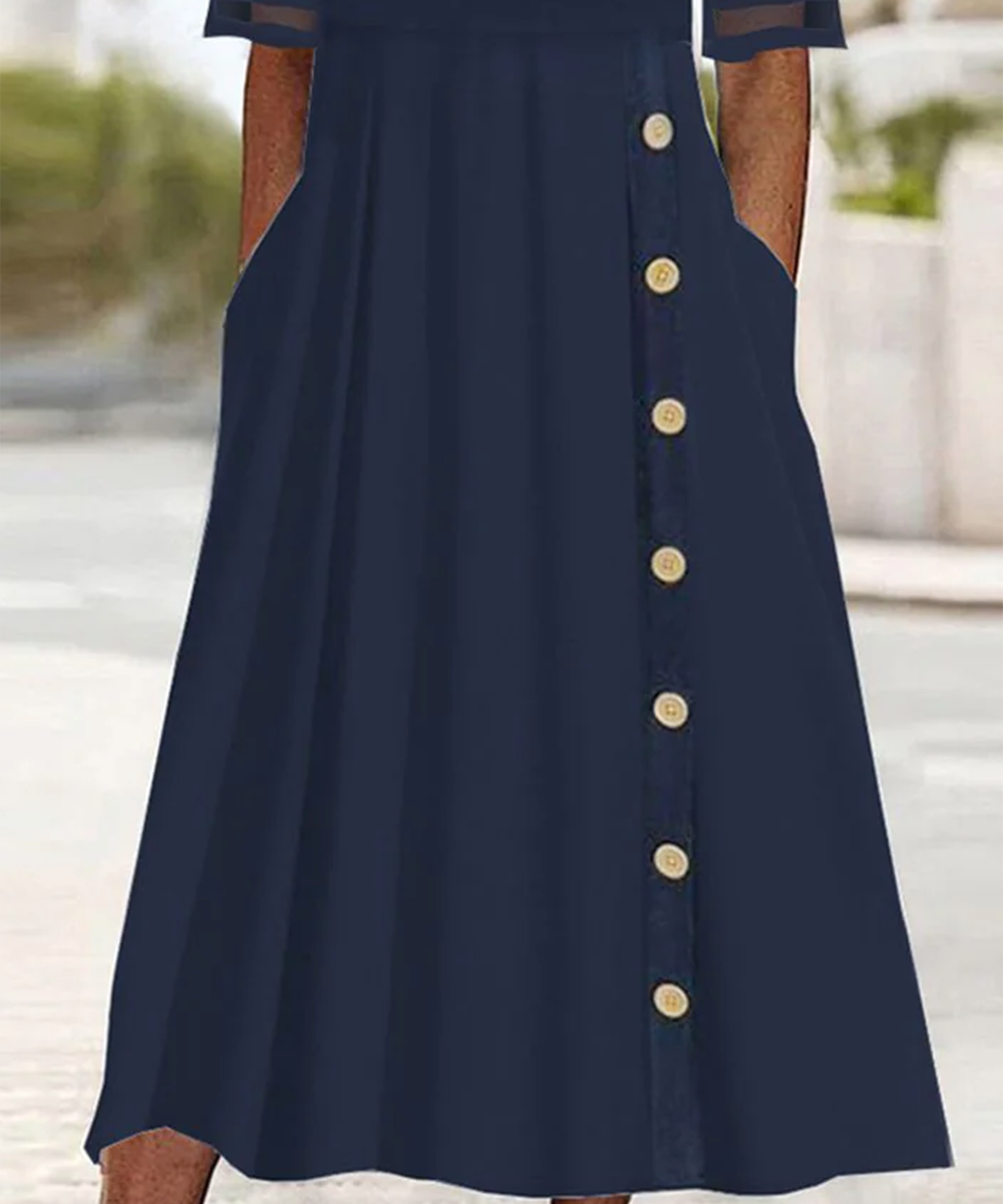 Navy Plain Krótką Rękaw Midi Sukienka