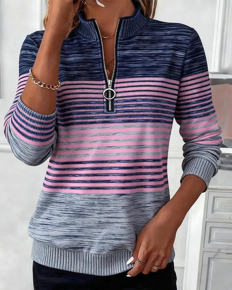 Casual Striped Zip Front Long Sleeve Top