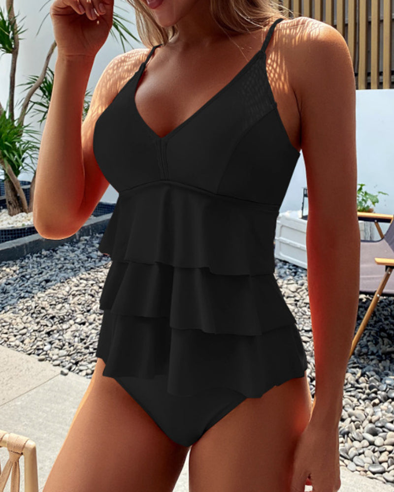 Salomea - Jednokolorowy tankini z rozcięciem i falbanką