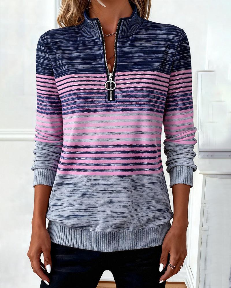 Casual Striped Zip Front Long Sleeve Top