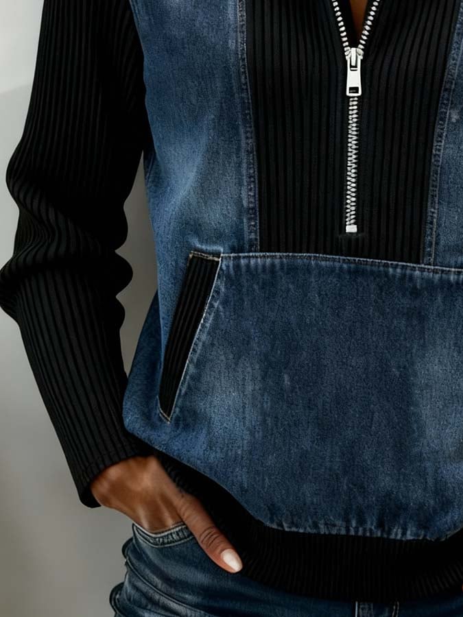 Fajna Bluza Denimowa z Połową Zippem i Kieszenią Kangurką