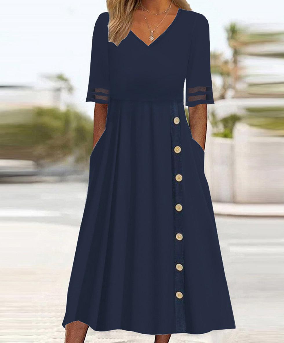 Navy Plain Krótką Rękaw Midi Sukienka