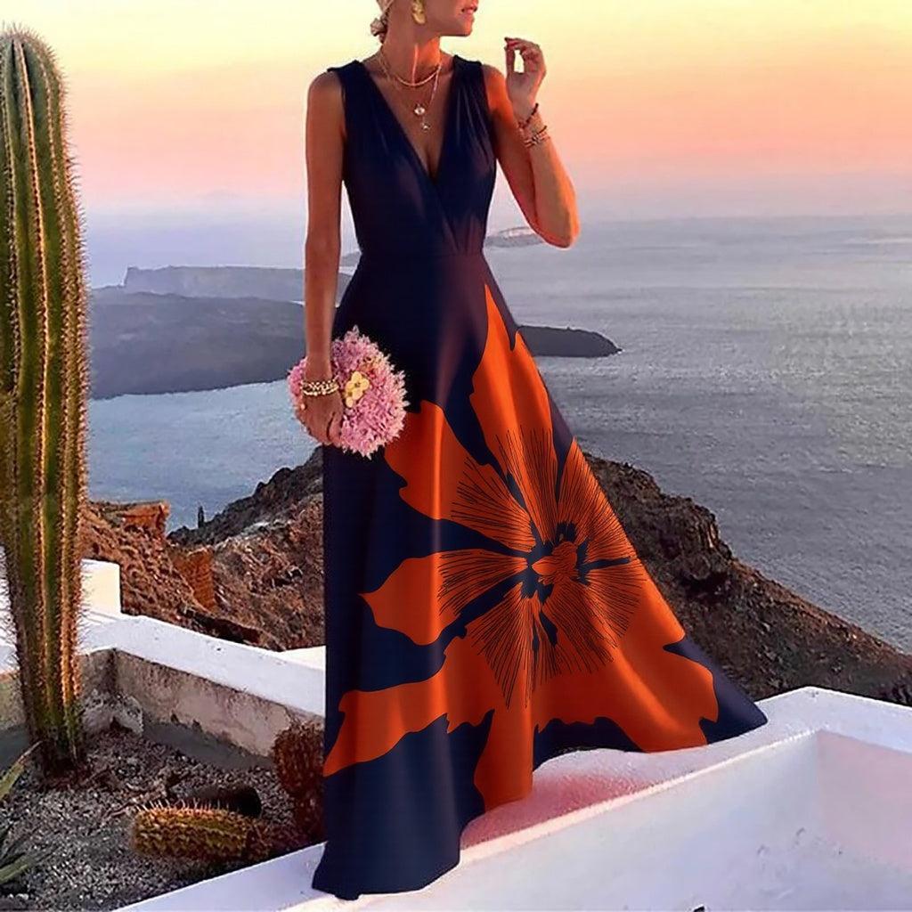 Elegancka Sukienka Maxi z Kwiatowym Wzorem i Dekoltem w Serek