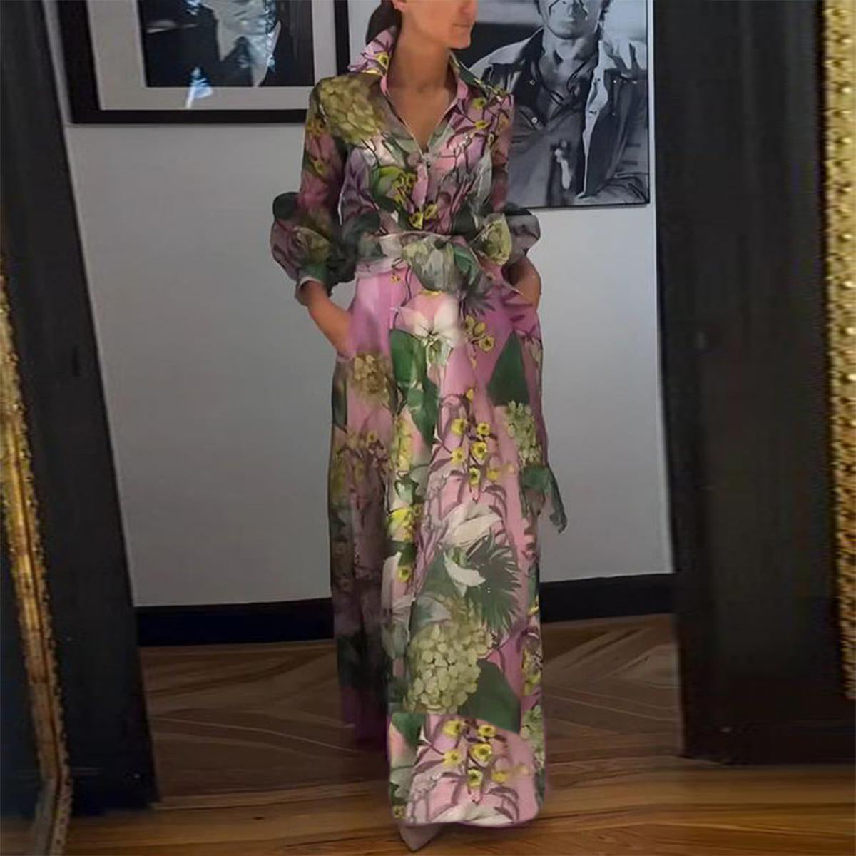 Elegancka Różowa Sukienka Maxi z Długim Rękawem