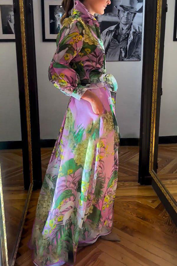 Elegancka Różowa Sukienka Maxi z Długim Rękawem